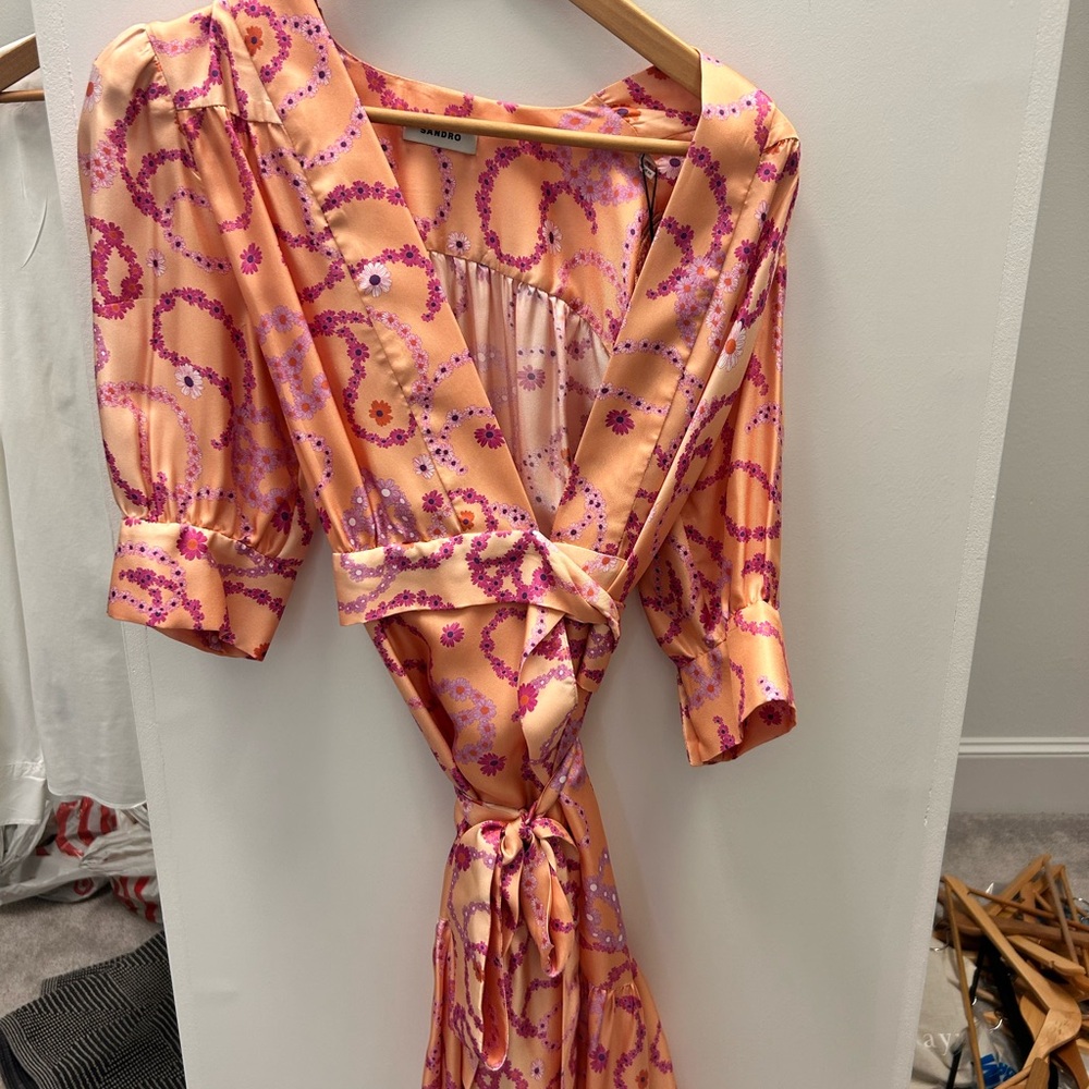 NWT Sandro Silk Floral Wrap Dress in Orange and Pink
